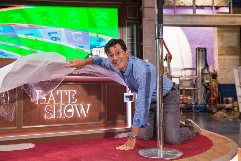 Stephen Colbert on The Late Show set with his Rolex Submariner watch.