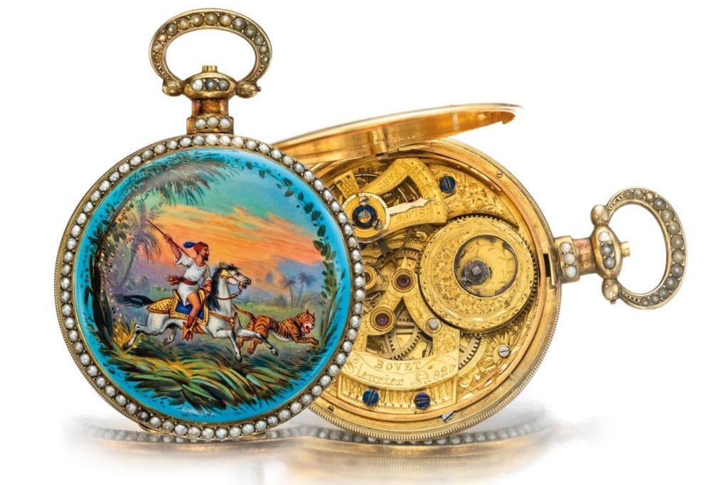 A gilt and enamel watch from Bovet Fleurier ca. 1860 that sold at auction for $52,500.