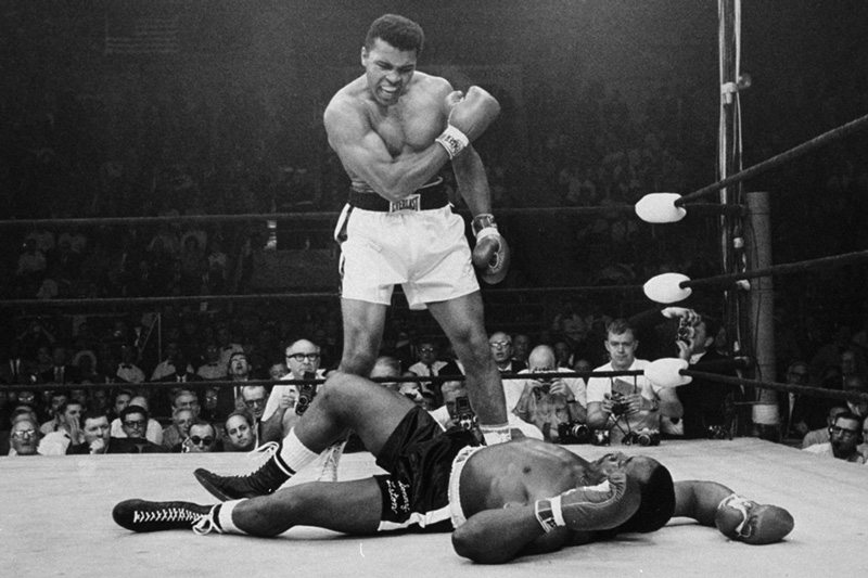 Muhammad Ali in 1965 standing over opponent Sonny Liston