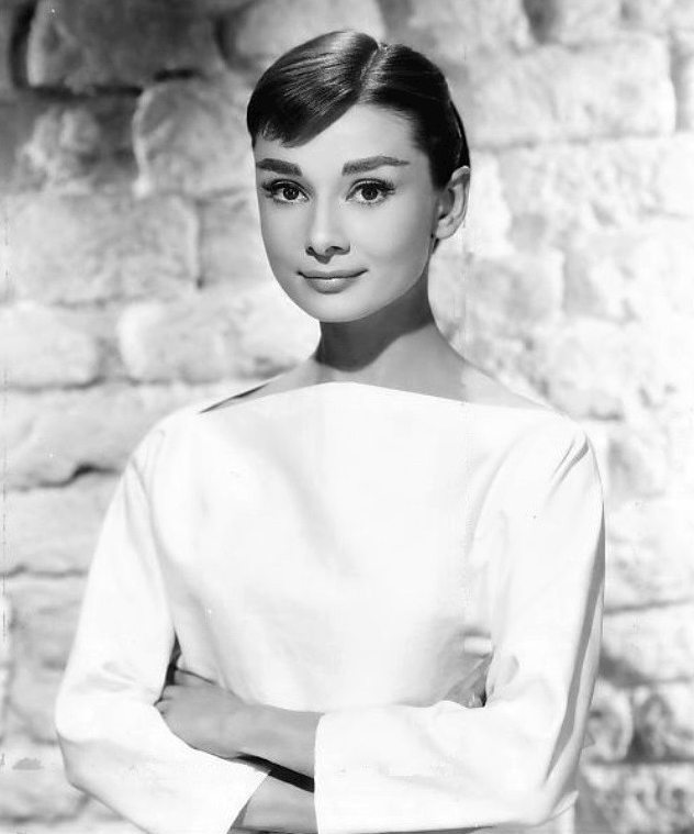 A black and white image of Audrey Hepburn