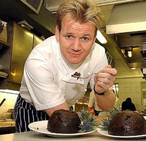A picture of Gordon Ramsey with some dessert 