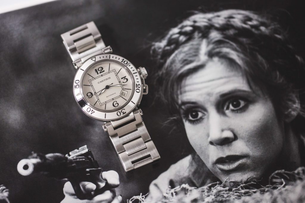 An image of Carrie Fisher as Princess Leia with a Cartier Pasha