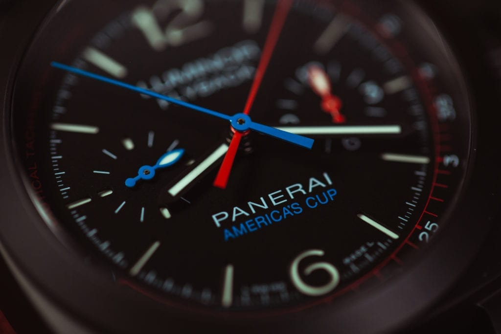 A closeup of the dial on the Panerai Luminor Oracle