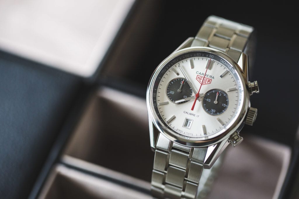 A vintage Heuer Carrera with a silver dial and black subdials 