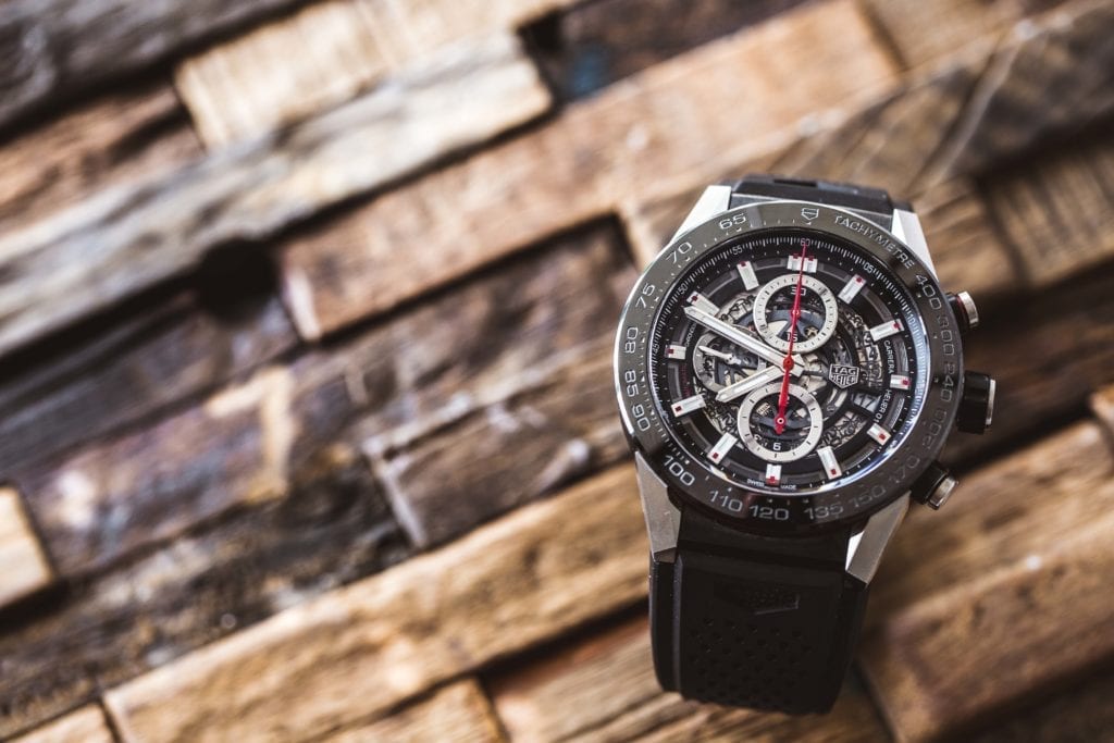 TAG Heuer Carrera black skeleton dial with a red chronograph hand 