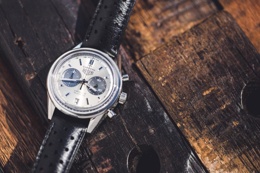 A Heuer Carrera with a silver dial and black subdials 