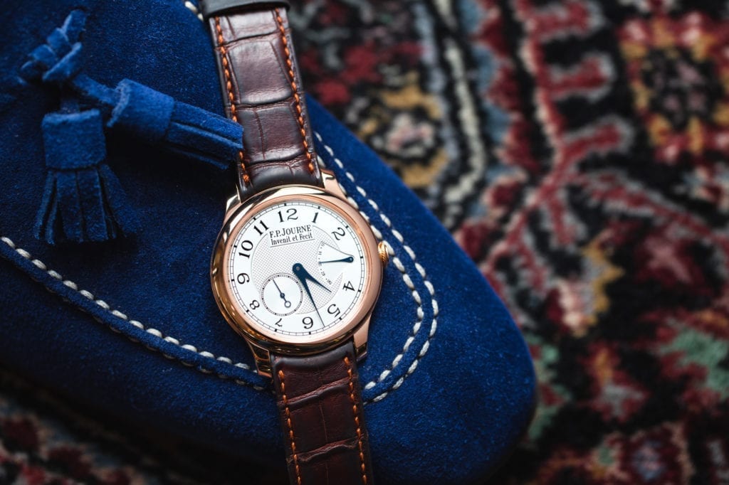 F.P. Journe Chronometre Souvrain on a blue suede shoe 