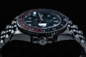 Rolex GMT Master II 126710 "Pepsi" from the side looking at the crown