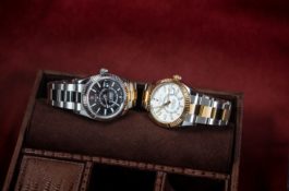 A pair of Rolex Sk-Dwellers on their sides