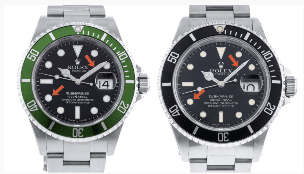 Comparison of two Rolex Submariners. One with a Maxi Dial and one with a standard dial