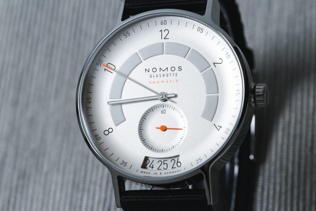 A Nomos Autobahn with a white dial 